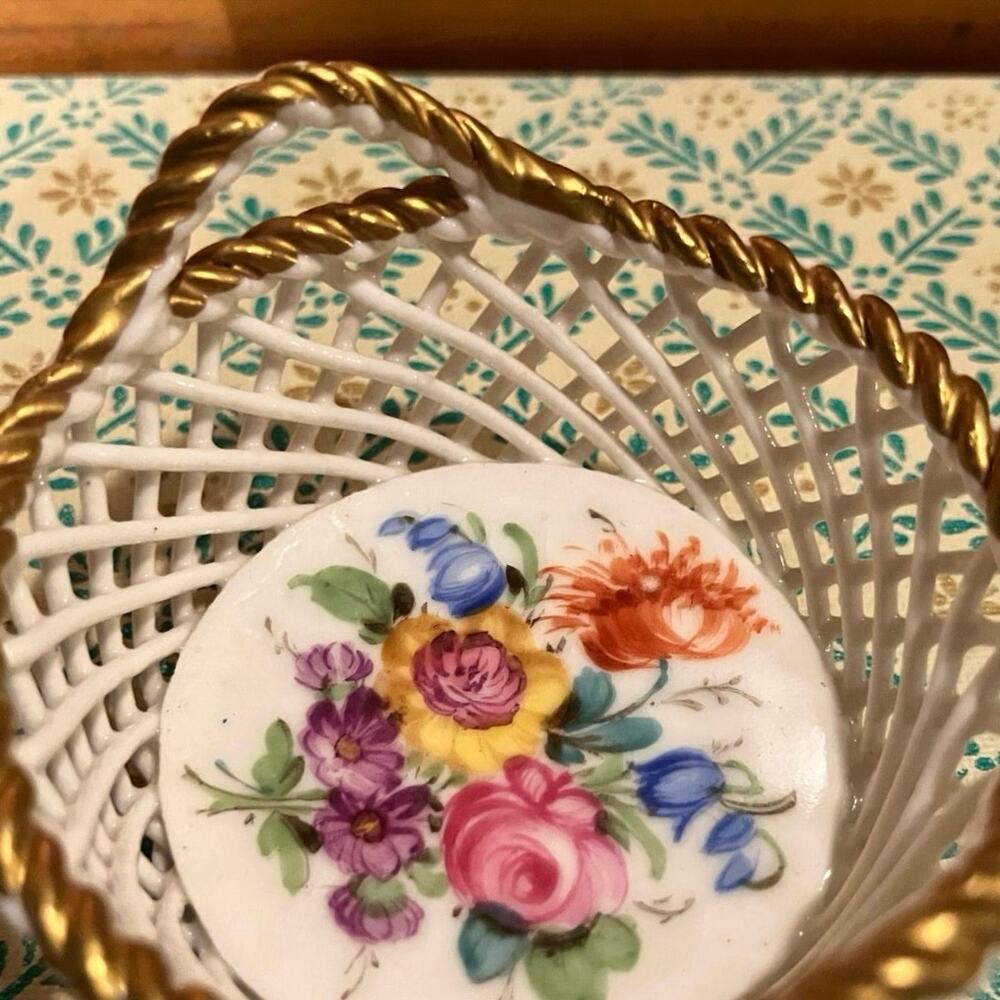 Dresden Mini Porcelain Basket, Reticulated • Floral • Gold Trim • Made in Saxony - Picture 6 of 6